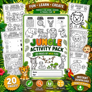 Op de afbeelding: Een jungle-activiteitenpakket met 20 pagina's vol wild plezier. Bevat doolhoven, zoek de verschillen, kleurplaten en punt-naar-punt-spellen. Met jungle-dieren. Perfect voor thuis, school en reizen. De tekst luidt 'Jungle Activity Pack'.
