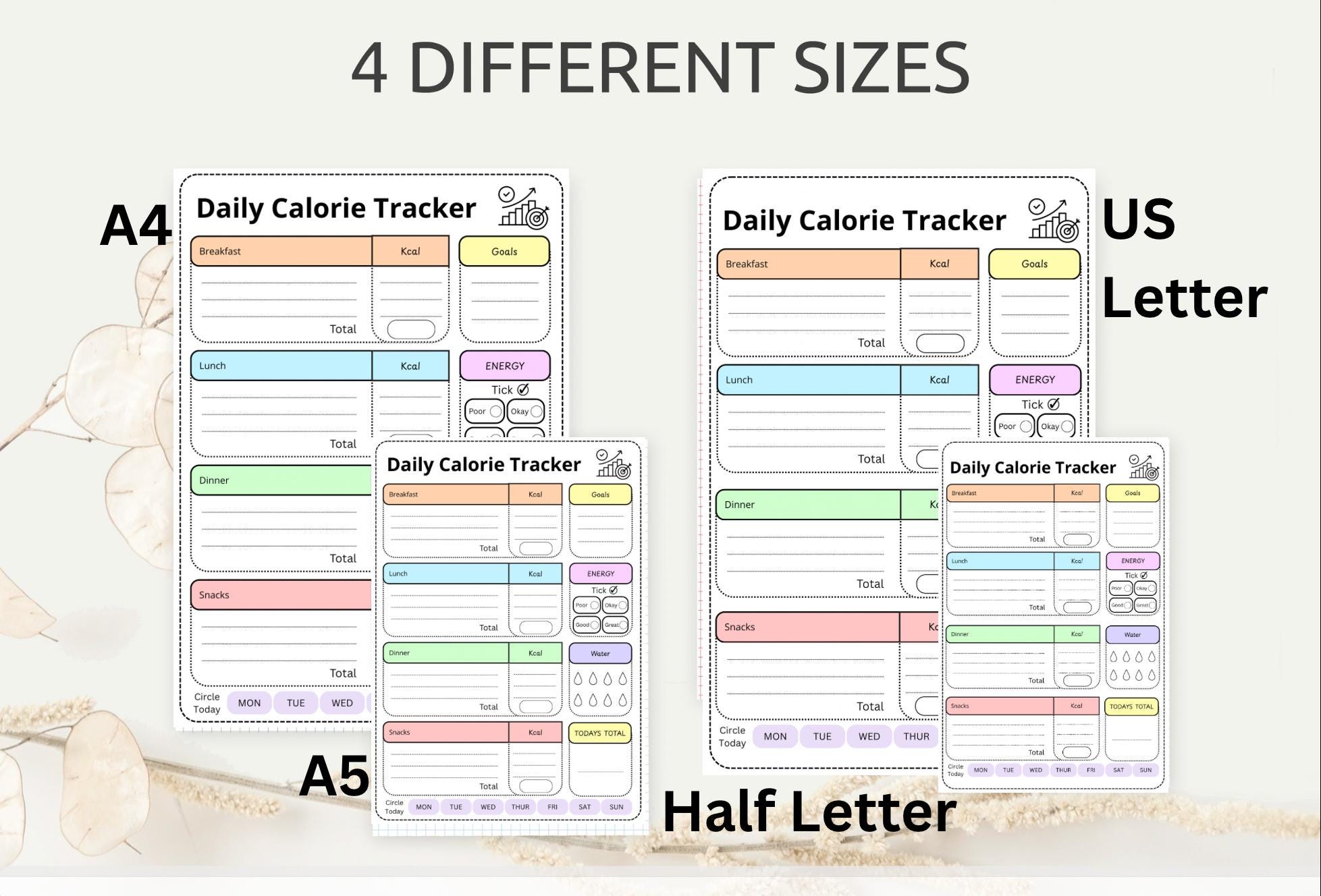 Daily Food Journal | Calorie Tracker, A4 A5 US Letter (printable PDF ...