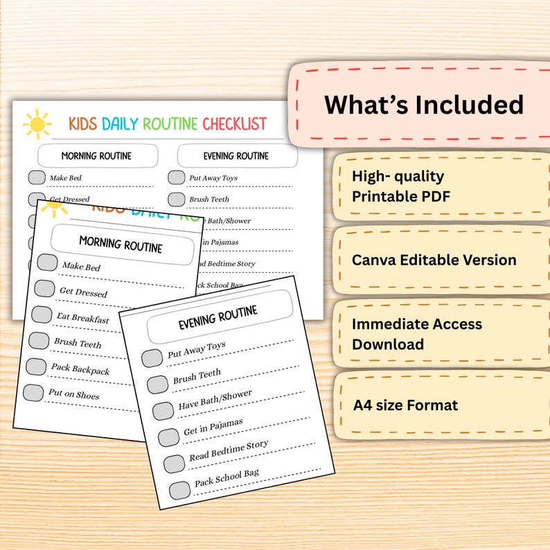Printable A4 Kids Checklist Daily Routine, Canva Editable Morning ...