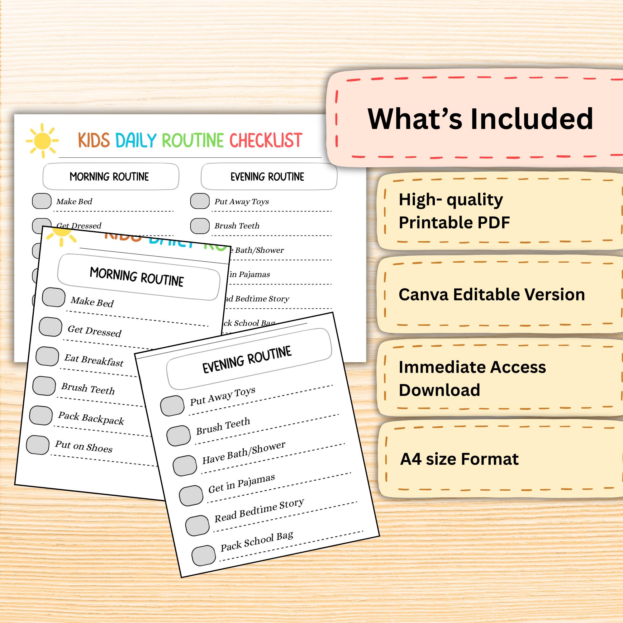 Printable A4 Kids Checklist Daily Routine, Canva Editable Morning ...