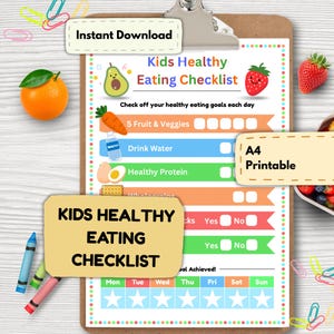 Puede incluir: Una lista de verificación imprimible A4 para una alimentación saludable para niños en una carpeta con pinza. La lista incluye secciones para frutas, verduras, agua y proteínas. El diseño presenta ilustraciones de aguacate, zanahoria, fresa y huevo. Incluye el texto "Descarga instantánea".