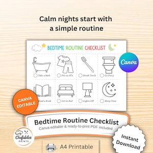 May include: A white printable bedtime routine checklist with illustrations of bath time, pajamas, brushing teeth, potty, reading, bed, lights off, and sleep time. The text "Bedtime Routine Checklist" is displayed.