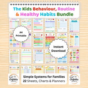 May include: A bundle of printable charts and planners for kids' behavior, routines, and healthy habits. The bundle includes 22 sheets with colorful designs, including chore charts, checklists, and meal planners. The text reads "The Kids Behaviour, Routine & Healthy Habits Bundle."
