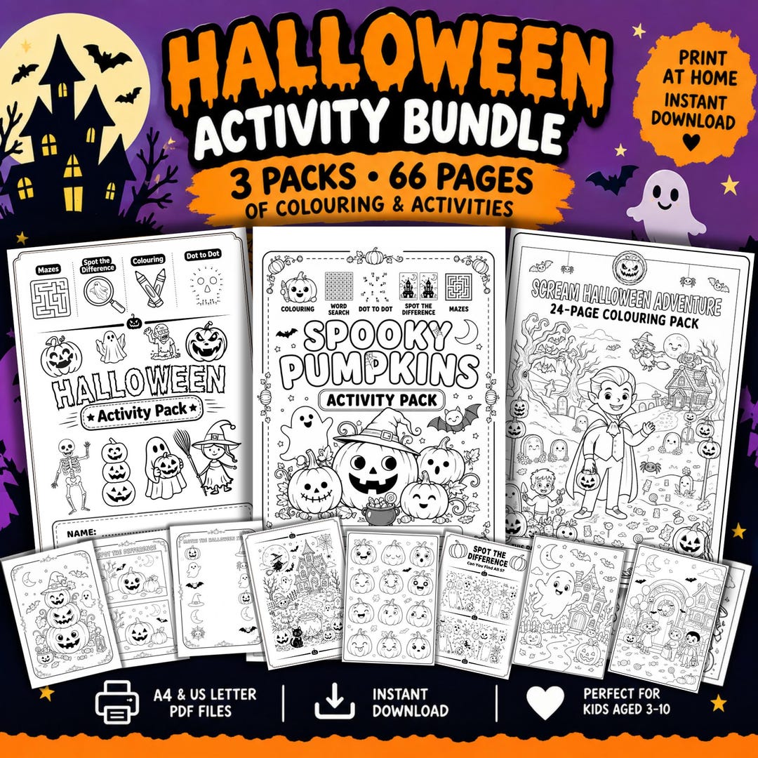 Halloween Activity Bundle for Kids, 66 Page Halloween Colouring