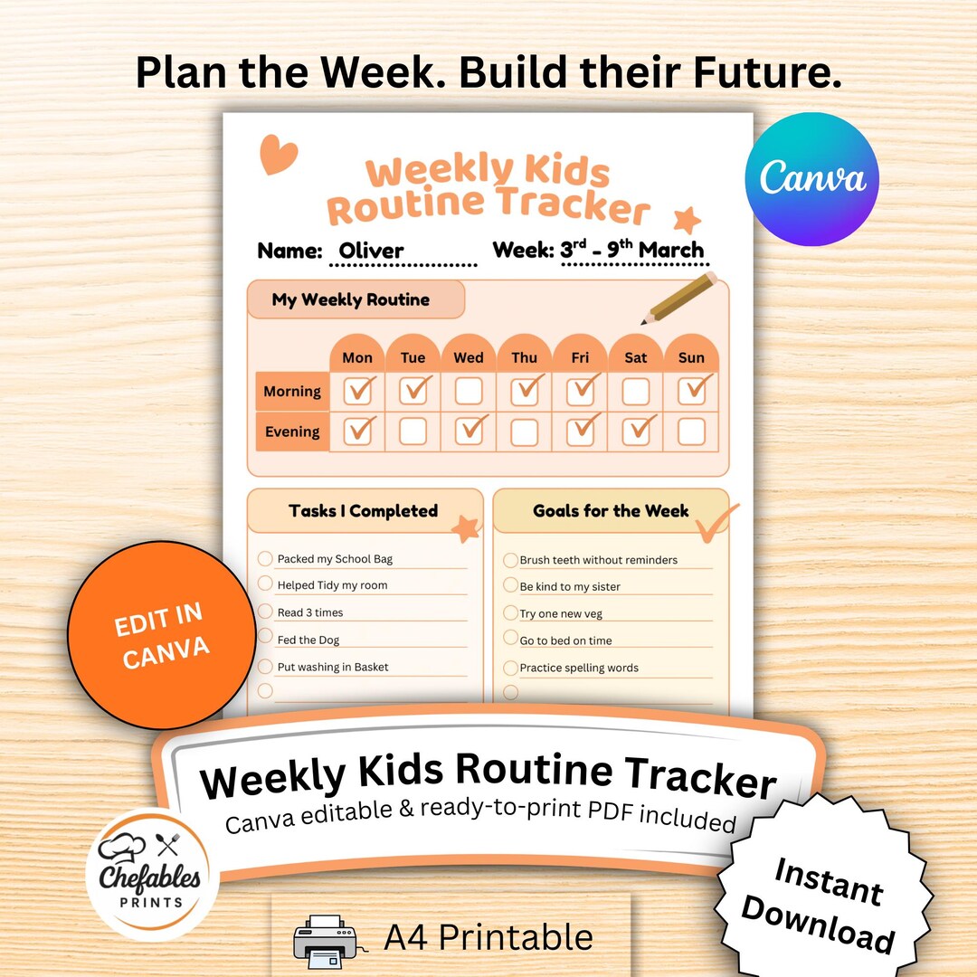 Kids Weekly Routine Tracker, Canva Editable, A4 Printable (digital ...