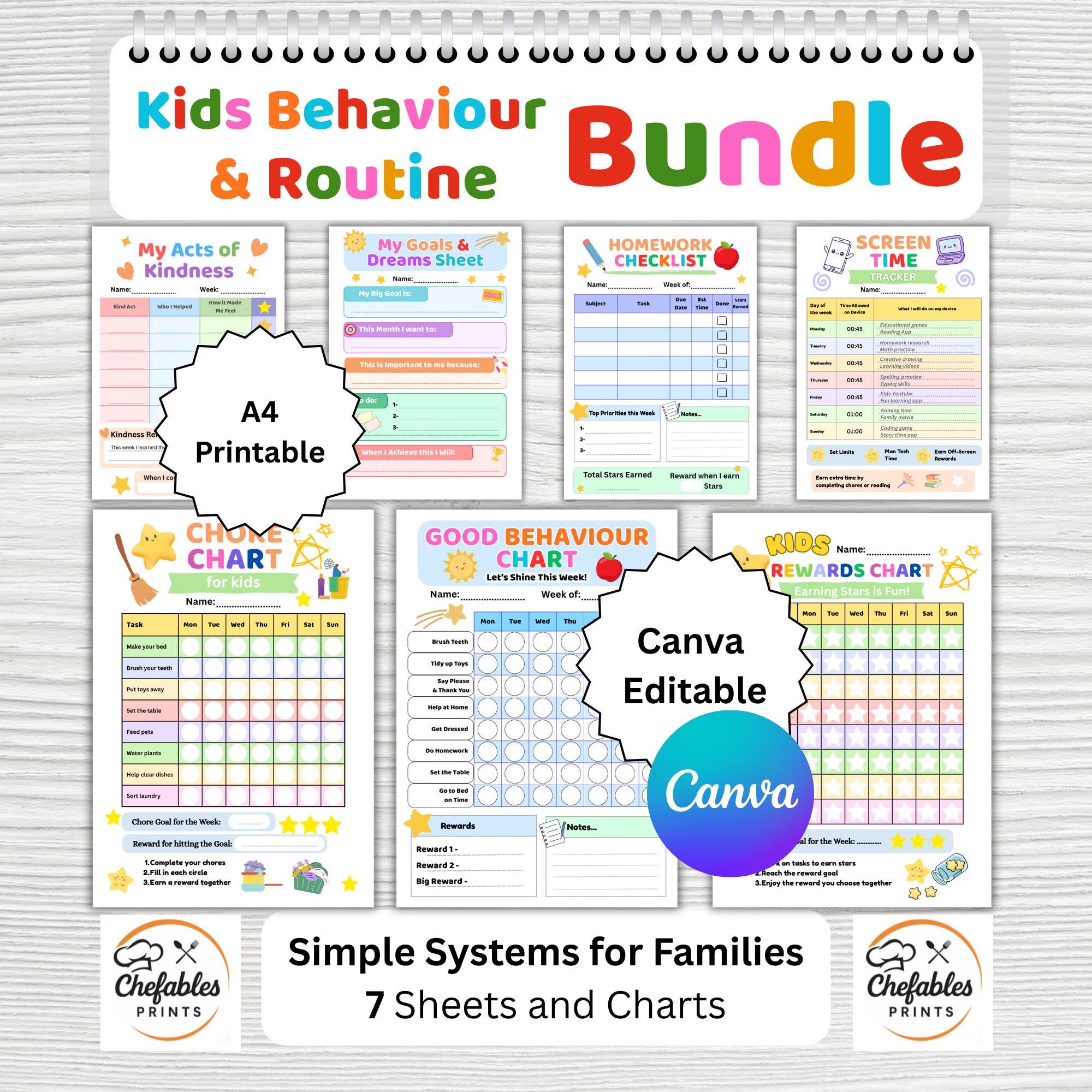 Behaviour Routine Chart Kids Routine Behaviour Bundle, Printable Canva Editable Charts Set ...