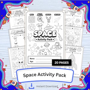 May include: A black and white "Space Activity Pack" with 20 pages of activities, including mazes and colouring pages. The cover features space-themed illustrations of planets, rockets, and aliens. The words "Space Activity Pack" are displayed prominently.