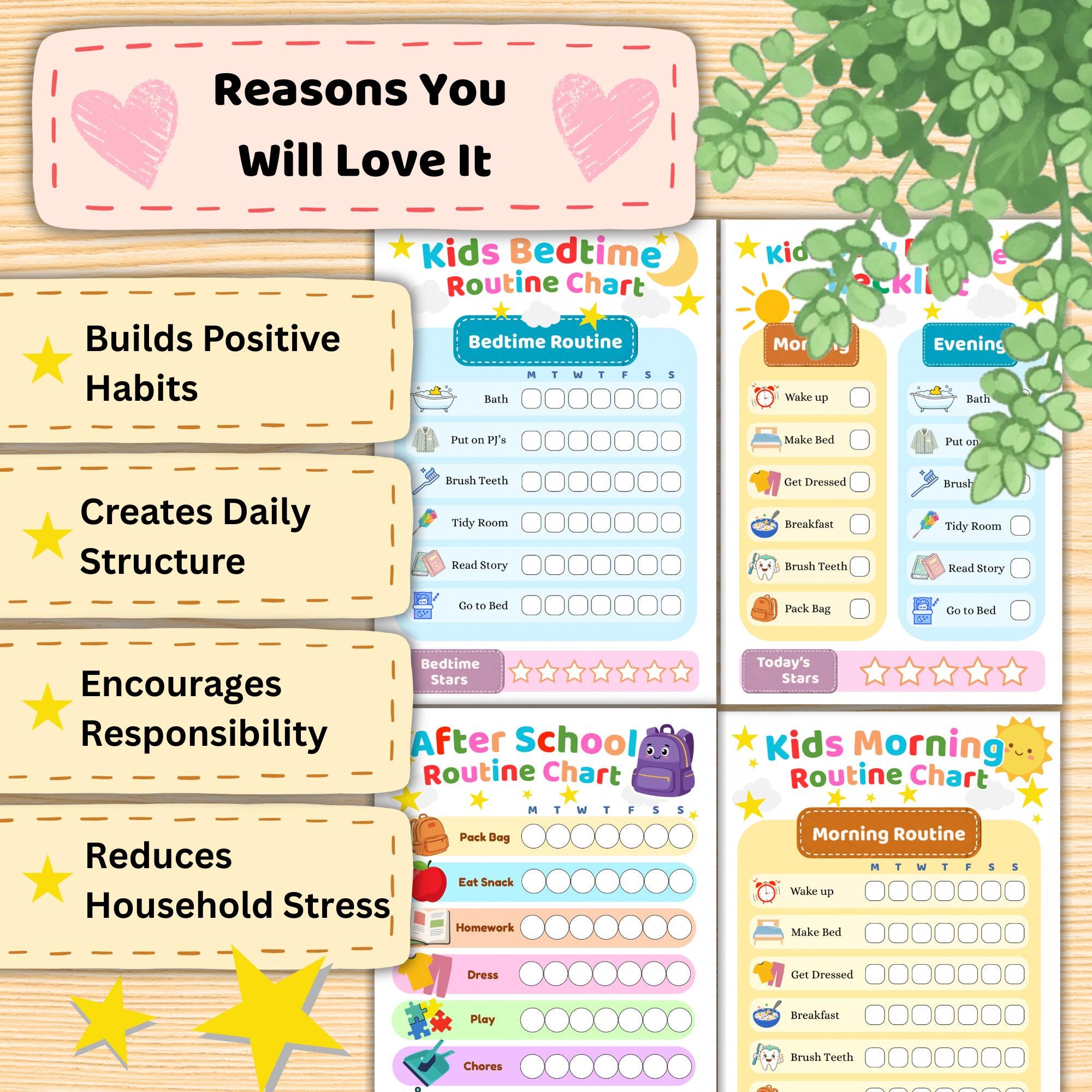 Printable Kids Routine Chart Set, Colourful Daily Responsibilities ...