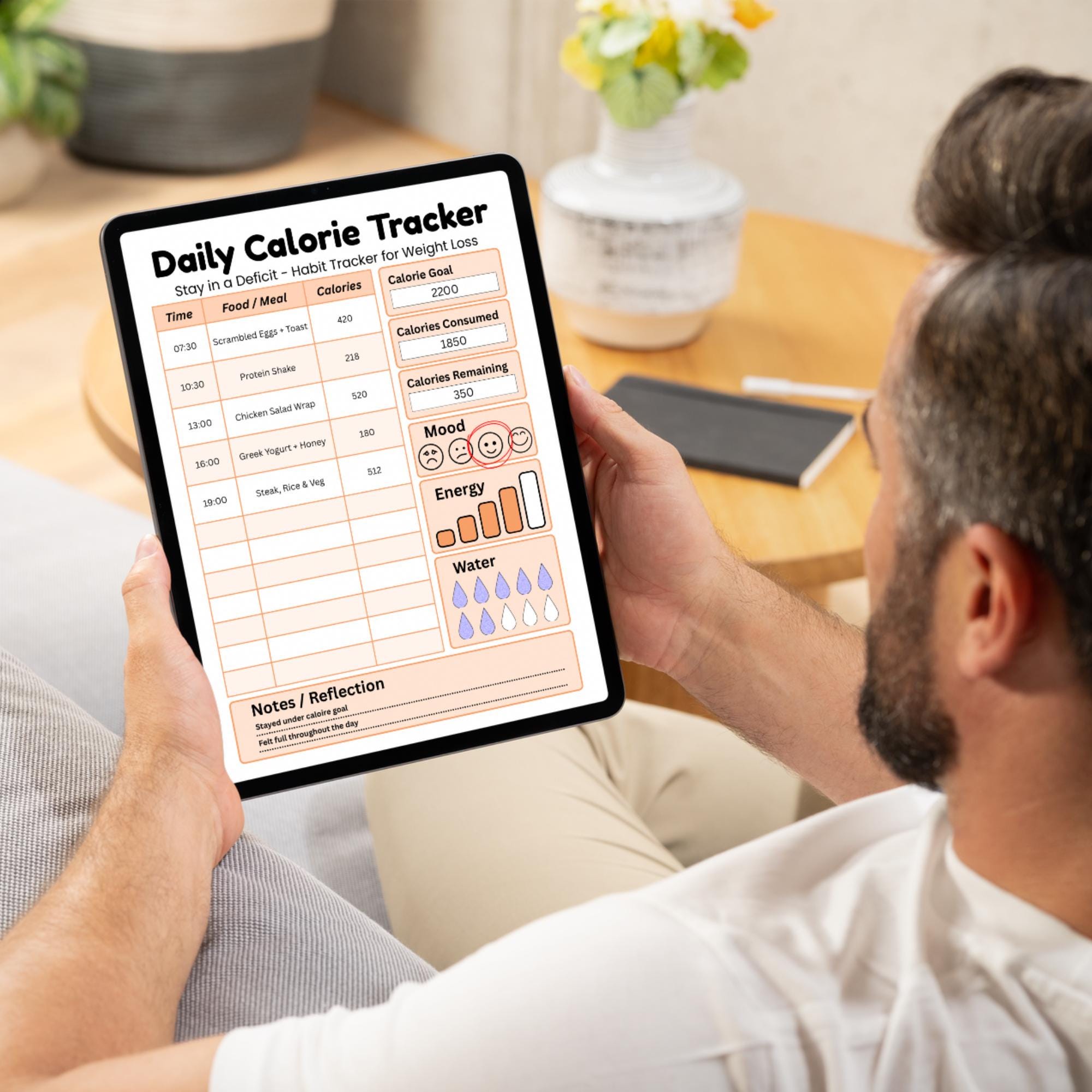 Printable Calorie Tracker PDF Chart, Daily Mood Water Notes Planner ...