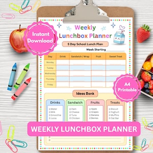 PDF Printable A4 Lunchbox Planner, Colourful Healthy Meal Chart, Weekly Lunch Schedule