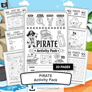 May include: A black and white pirate activity pack with 20 pages. The cover features a pirate illustration and the text "PIRATE Activity Pack". Inside are mazes, coloring pages, and dot-to-dot activities. Includes a treasure map and pirate ship illustrations.