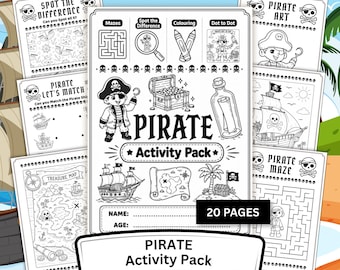 Piraten-Aktivität für Kinder, 20 druckbare Seiten, Färbung, Labyrinthe, Punkt-zu-Punkt-Spiele | PDF-Download