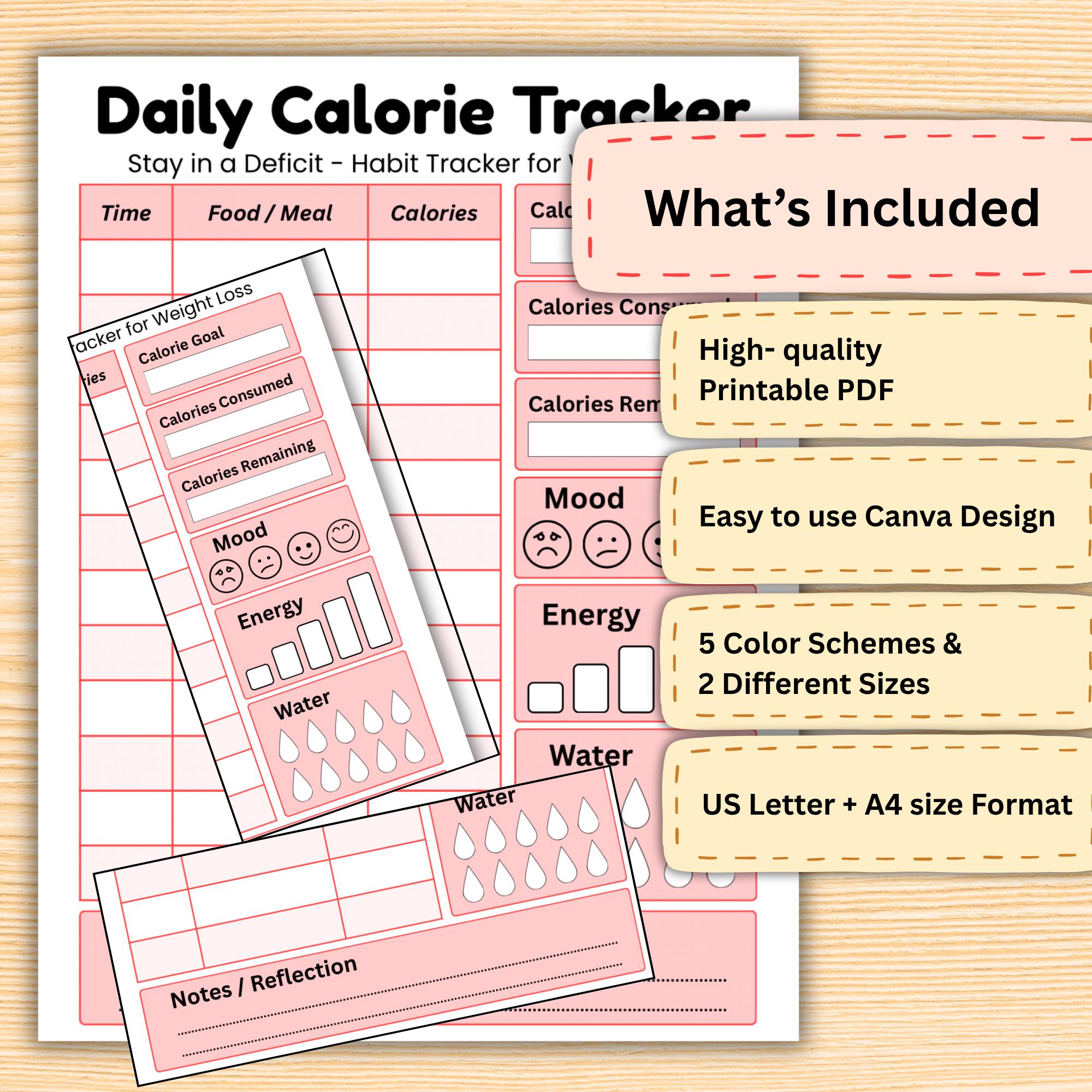 Printable Calorie Tracker PDF Chart, Daily Mood Water Notes Planner ...