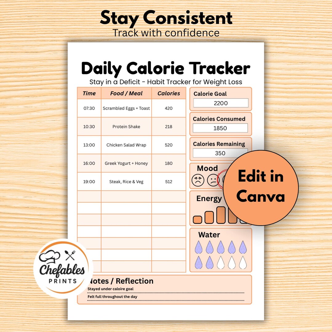 Printable Calorie Tracker PDF Chart, Daily Mood Water Notes Planner ...