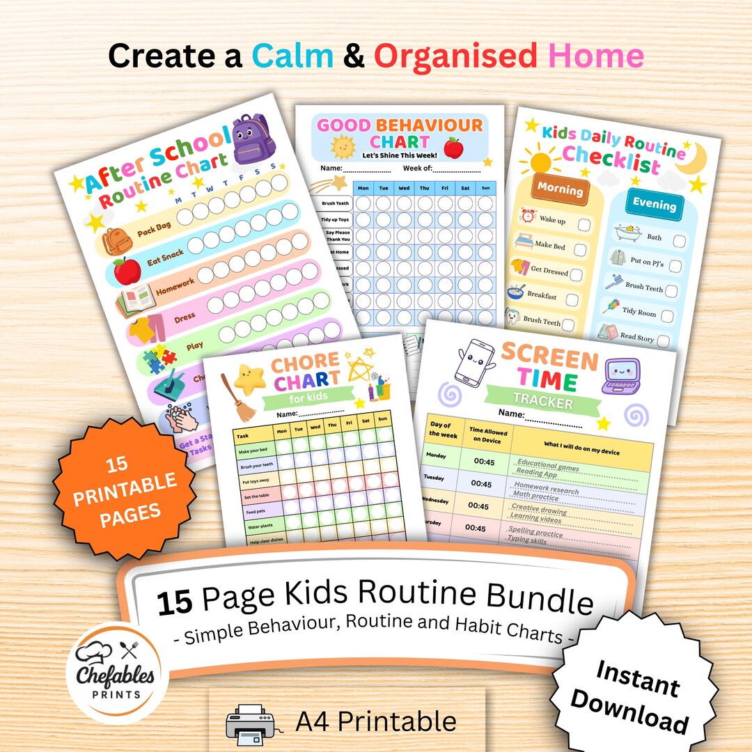 15 Printable Routine Charts Bundle, Colourful Behaviour Reward Trackers ...
