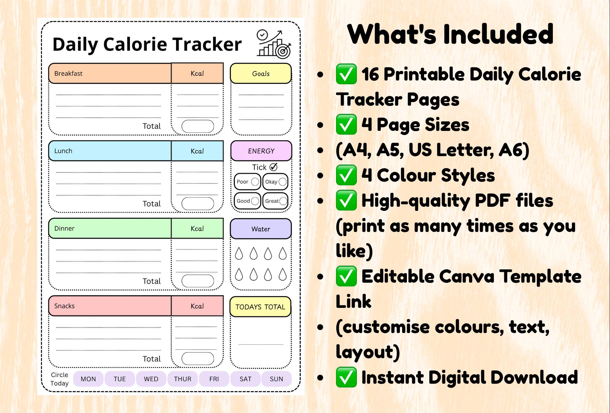 Daily Food Journal | Calorie Tracker, A4 A5 US Letter (printable PDF ...
