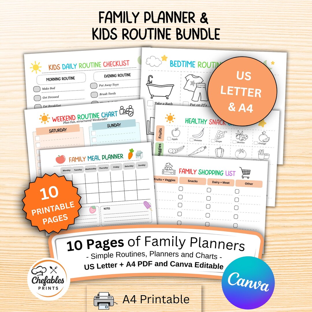Canva Editable Family Planner & Kids Routine Bundle | US Letter | A4 ...