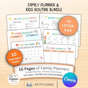May include: A collection of 10 printable family planners and children's routine charts. The pages include daily checklists, meal planners, shopping lists, and weekend charts. The design features colorful illustrations and the text "Family Planner & Kids Routine Bundle".