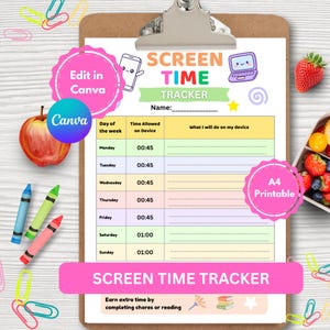 May include: A clipboard with a printed "Screen Time Tracker" sheet. The sheet has sections for the day of the week, time allowed on the device, and what will be done. Includes a pink Canva logo, a red apple, crayons, and a strawberry.