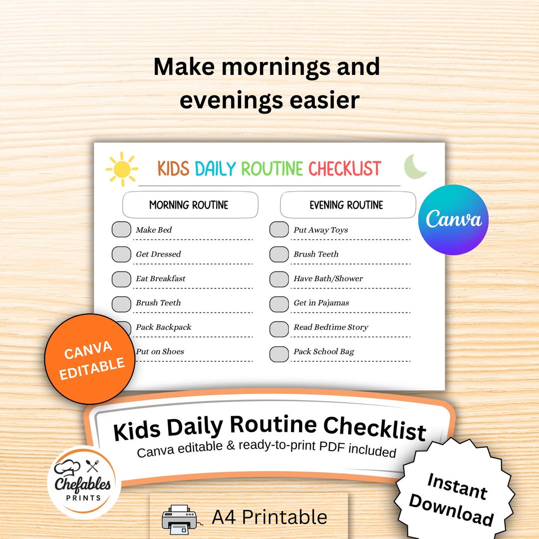 Printable A4 Kids Checklist Daily Routine, Canva Editable Morning ...