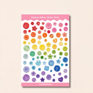 May include: A sticker sheet titled Rainbow Buttons Sticker Sheet featuring a variety of colorful button stickers in shapes like circles, stars, hearts, and flowers. The stickers are arranged in a rainbow color gradient from red to purple.