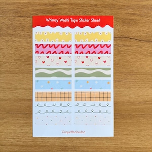 May include: A sticker sheet labelled "Whimsy Washi Tape Sticker Sheet" with a variety of washi tape designs. These include floral, heart, wavy, and dotted patterns in yellow, pink, red, green, blue, orange, and black. The brand name "Coquettecloudco" is printed at the bottom of the sheet.