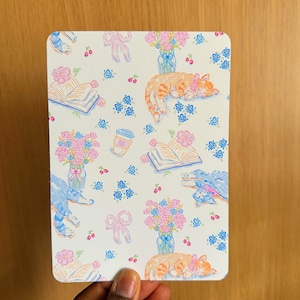 Coquette Cat Kindle Insert, Floral Kobo Insert, Cute Ereader Insert for Book Lovers, Pink Blue Reading Aesthetic