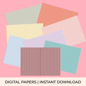 May include: A collection of rectangular digital papers featuring vertical pinstripes in various colours including sage green, coral, yellow, light pink, light blue, lavender, teal, and dark maroon. The text DIGITAL PAPERS | INSTANT DOWNLOAD appears below.