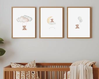 Teddy Bear Nursery Prints | Beige Watercolor Baby Room Wall Art (Digital Download)