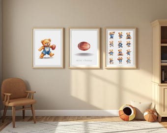 Teddy Bear Sports Nursery Prints | Watercolor Baby Boy Wall Art (Digital Download)