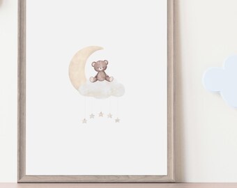 Teddybär Mond Poster | Neutrale Kinderzimmer Wandkunst (Digitaler Download)