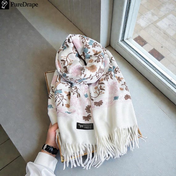Luxury Embroidered Winter Scarf Handmade Cashmere-blend