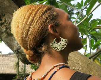 Ibo Brass Or Silver earrings, fan shaped geometric, disco african tribal geometric earrings