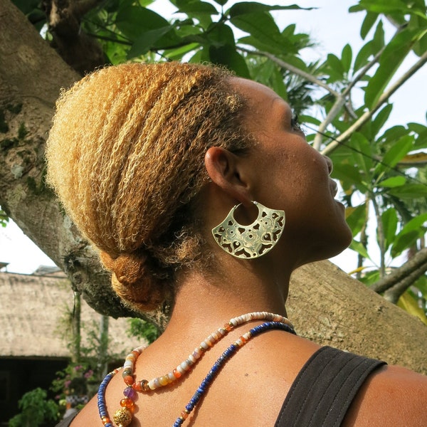 Ibo Brass Or Silver earrings, fan shaped geometric, disco african tribal geometric earrings