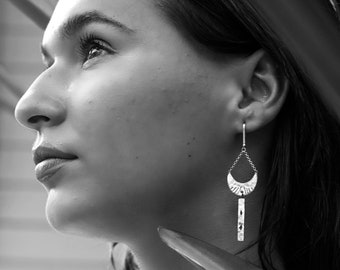 Nara sterling silver tribal drop textured metal dangle earrings. Statement boho delicate handmade earrings