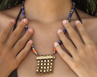 Statement antique Indian gold plated sterling silver chain pendant with lapis Lazuli and carnelian beads