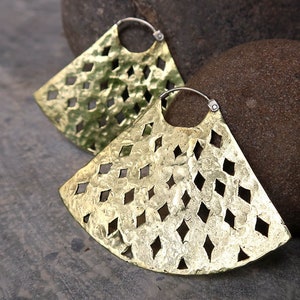 Small Hammered Saffron earrings small, bold gold and sliver handmade fan shaped statement earrings image 4