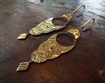 Yoruba hammered gold statement, tribal dangle earrings, African boho drop earrings