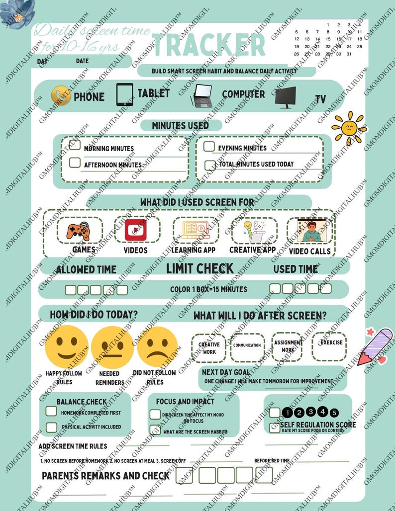 Kids Screen Time Tracker | Family Rules Chart, Healthy Habits (digital ...