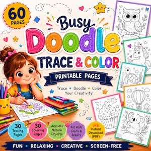 May include: A digital activity book cover titled Busy Doodle Trace & Color with 60 pages. It features a cartoon character coloring a flower, a stack of books, and various black and white line art pages including an owl, unicorn, and cupcake.