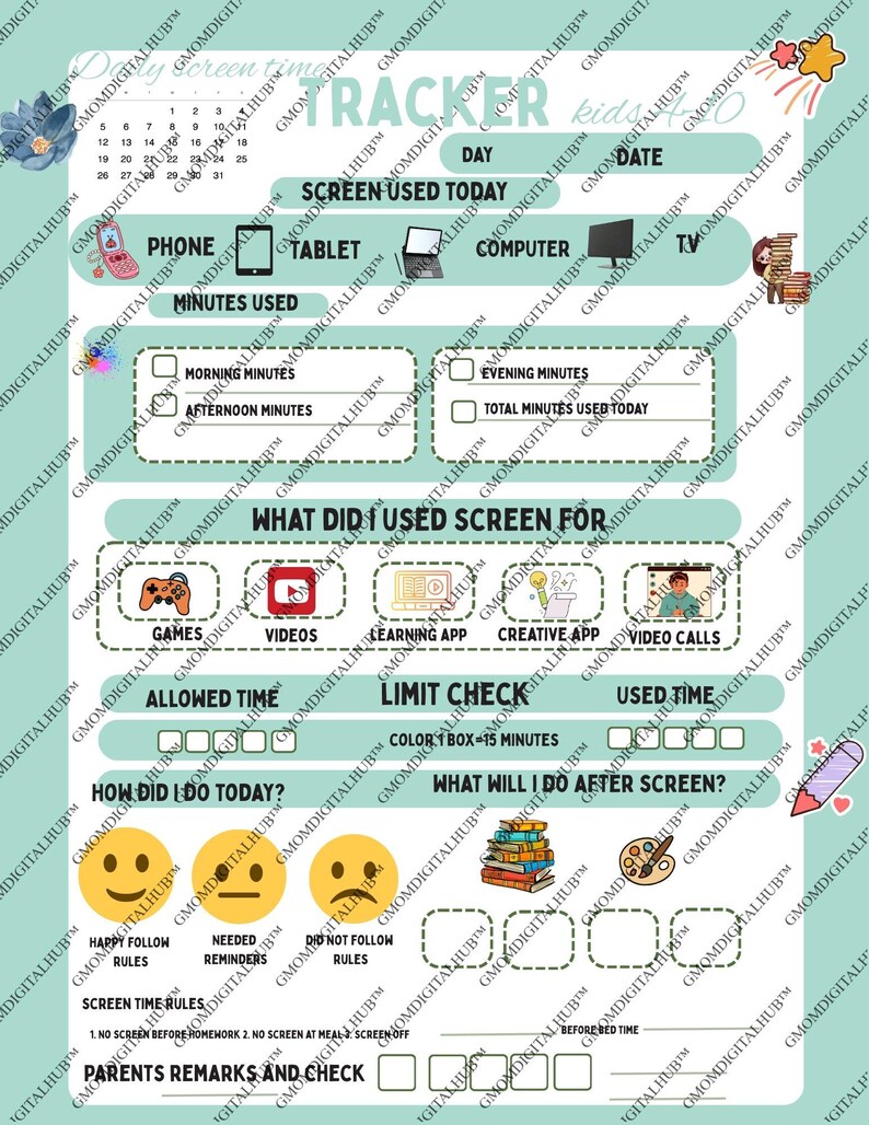 Kids Screen Time Tracker | Family Rules Chart, Healthy Habits (digital ...