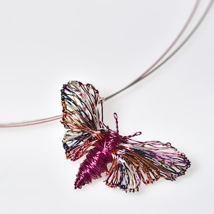 Art butterfly pendant pink fuchsia, Wire sculptural insect necklace, Cute bug jewelry artistic gift