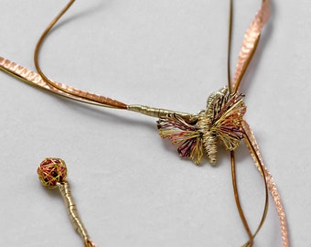 Pink gold butterfly choker necklace, Cute wire art sculpture insect jewelry