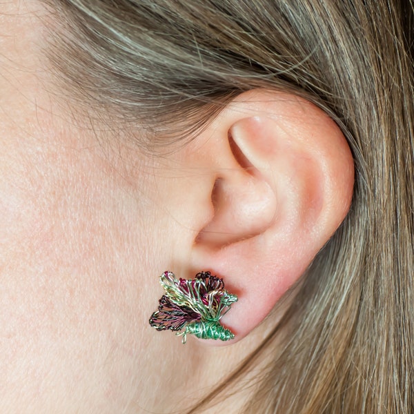 Wire butterfly earrings studs, Insect Art earrings mismatched, Burgundy butterflies, Mint green earrings