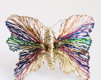 Wire butterfly brooch art sculpture, Rainbow gold insect bug pin, Birthday gift for her