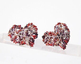 Red heart earring studs, Sculpture art jewelry modern, Cute everyday different, Wire earrings handmade, Unique gift for her, Hypoallergenic