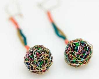 Colorful dangle ball earrings, Modern ethnic jewelry, Art earrings, Wire sphere drop earrings