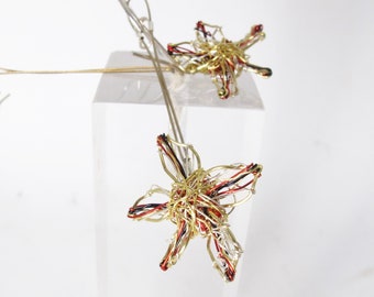 Gold flower earrings contemporary art jewelry, Wire flower earrings dangle, Unique handmade gifts