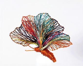 Orange Turquoise Butterfly Brooch, Wearable Art Wire Sculpture Big Insect Pin