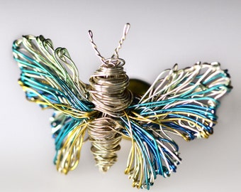 Light blue wire art butterfly sculpture brooch, Artist bug jewelry, Cute insect pin gift for girl